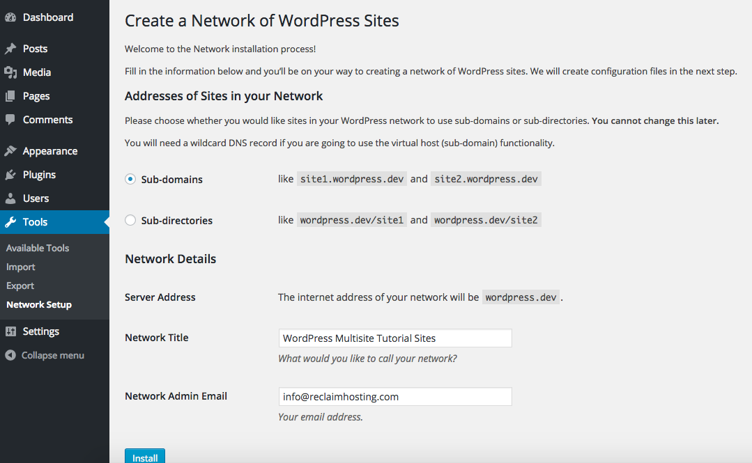 WordPress Multisite Network Setup Page